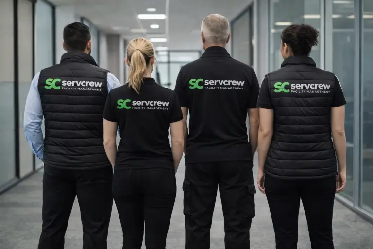 Fyra personer som står med ryggen mot kameran. Personerna har Servcrews logga som tryck på deras kläder på ryggen